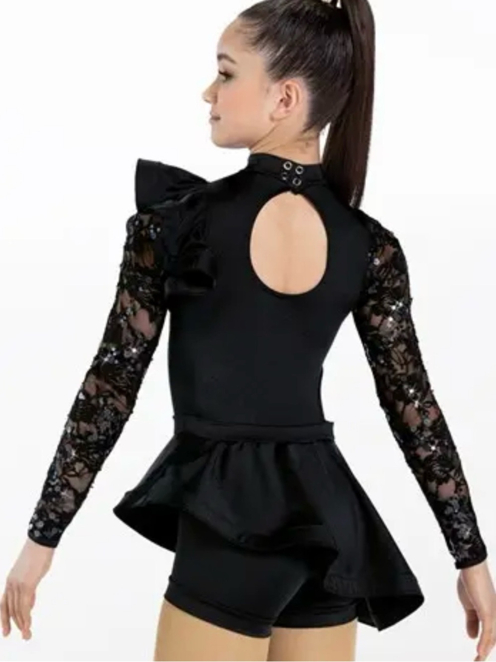 Weissman Dance Costume Black Sequin-Sleeve Asymmetrical Biketard Size MC - 10/12